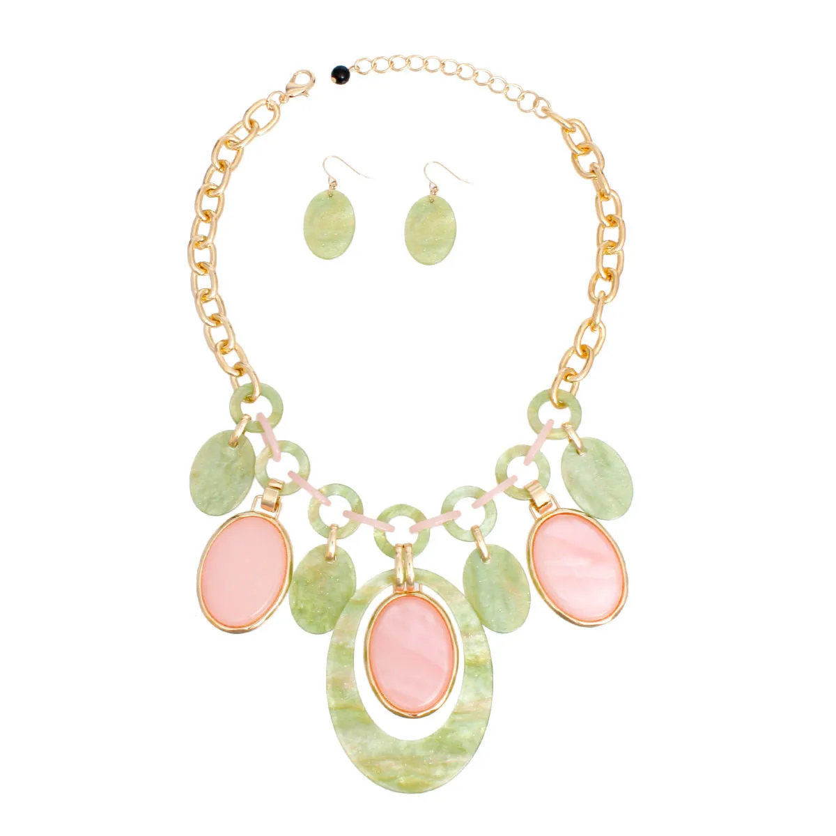 Necklace Pink Green Oval Swirl Set