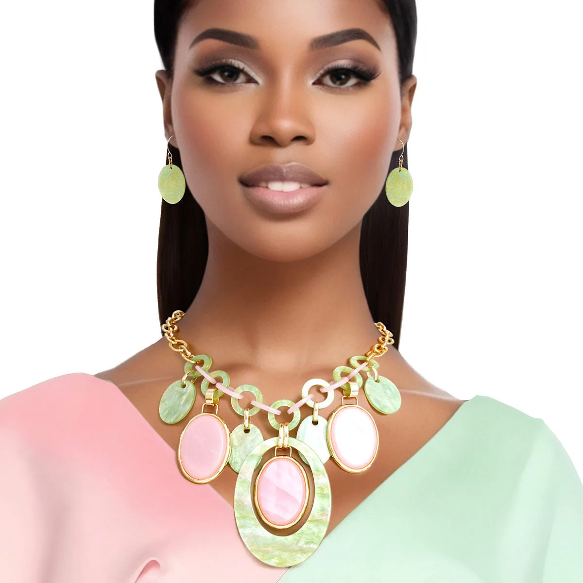 Necklace Pink Green Oval Swirl Set