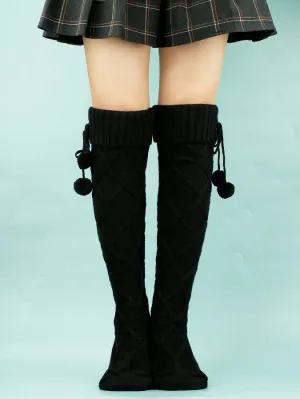 NEW 1pair Women's Knitted Long Tube Over Knee Socks With Pom-pom, Warm And Elegant, Autumn &amp; Winter, one size Black