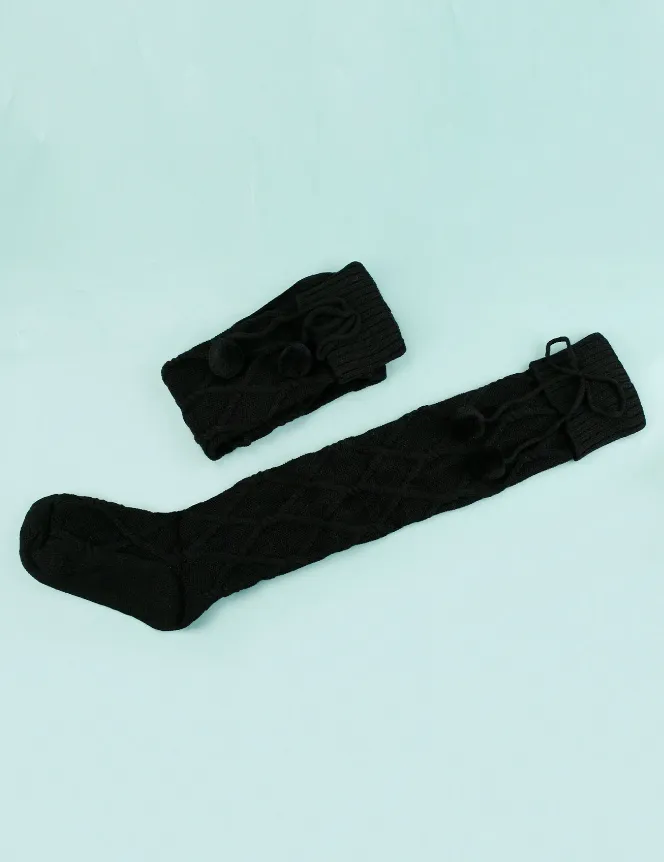 NEW 1pair Women's Knitted Long Tube Over Knee Socks With Pom-pom, Warm And Elegant, Autumn &amp; Winter, one size Black