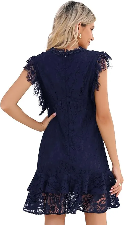 New ALLOVIN Women's Sleeveless V Neck Ruffle Hem Floral Lace Cocktail Dress Elegant Wedding Guest Party Dress Black, Sz XL, Fits like a L
