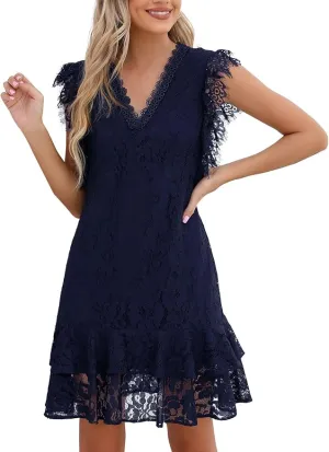 New ALLOVIN Women's Sleeveless V Neck Ruffle Hem Floral Lace Cocktail Dress Elegant Wedding Guest Party Dress Black, Sz XL, Fits like a L