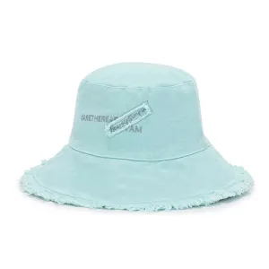 NEW Unisex Raw Fringed Bucket Hat Cloth Label Panama Hat for Outdoor Sun Fishing Fisherman Hat, blue! Retails $40 