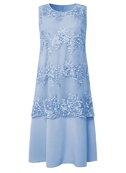 NEW Women's 2 Piece Dress Set Lace Midi Light Blue Half Sleeve Floral Embroidered Layered Crew Neck Elegant - Size 2XL