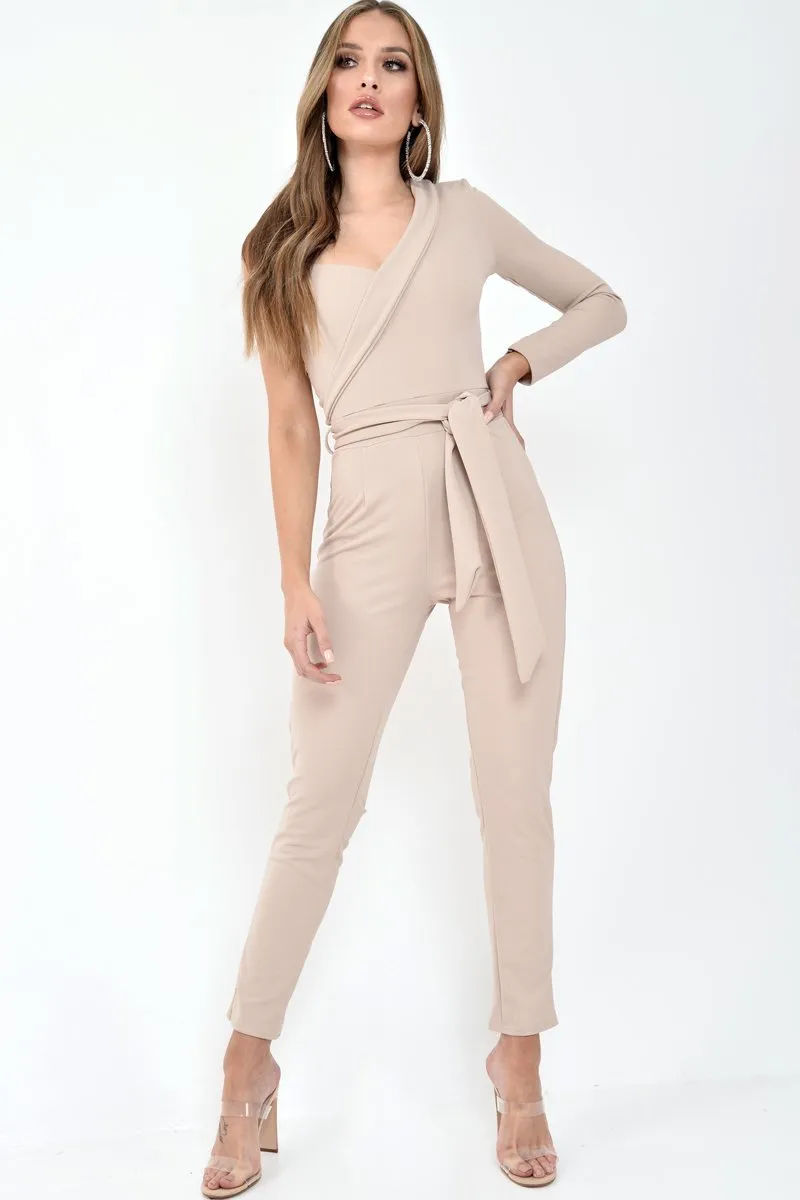 Nude One Shoulder Wrap Front Belted Jumpsuit - Henya
