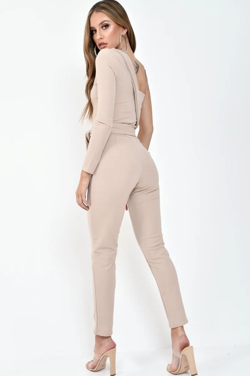 Nude One Shoulder Wrap Front Belted Jumpsuit - Henya