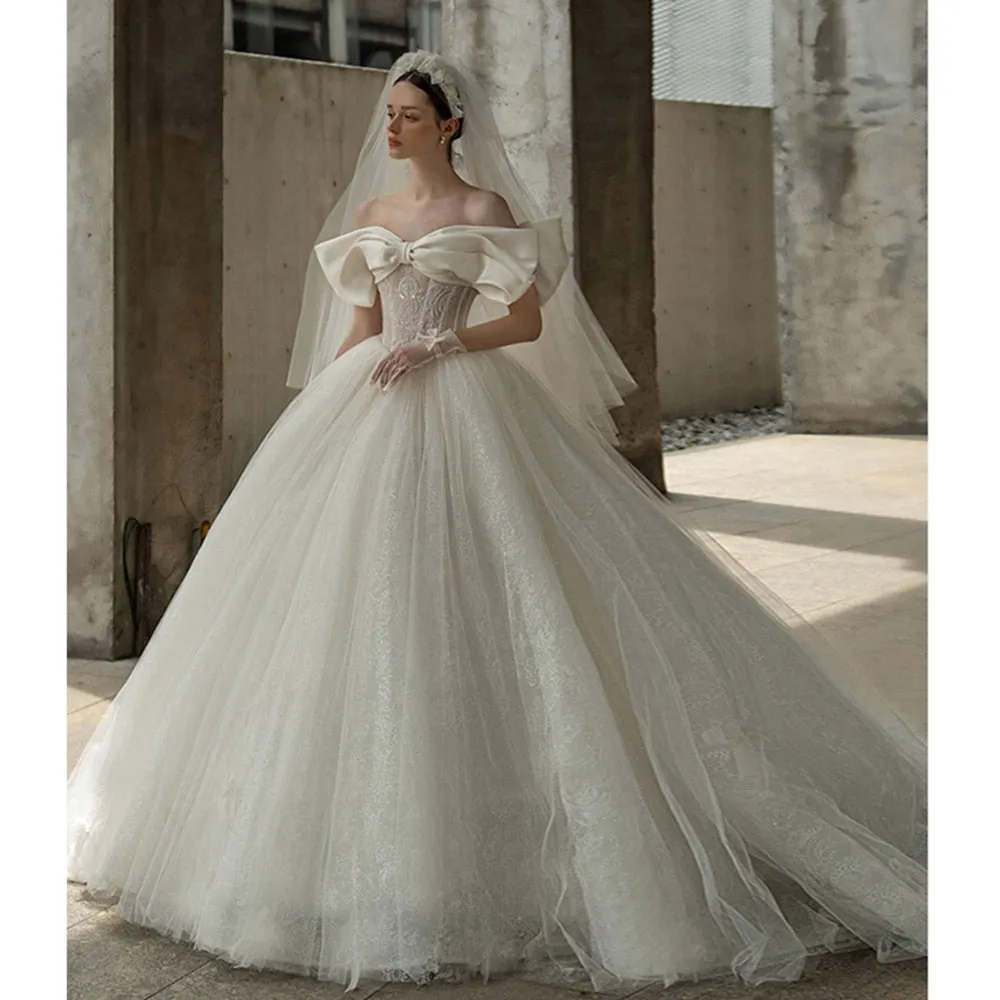Off The Shoulder Sweetheart Neck Shiny Beading Pearls Bow Tulle Lace Bow Ball Gown