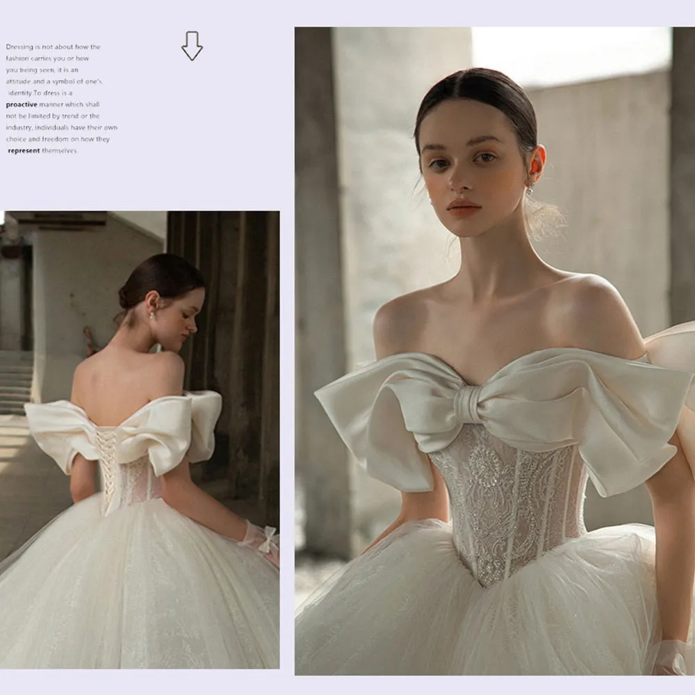 Off The Shoulder Sweetheart Neck Shiny Beading Pearls Bow Tulle Lace Bow Ball Gown
