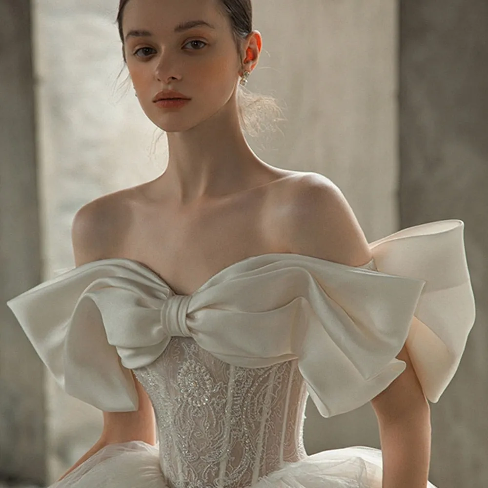 Off The Shoulder Sweetheart Neck Shiny Beading Pearls Bow Tulle Lace Bow Ball Gown