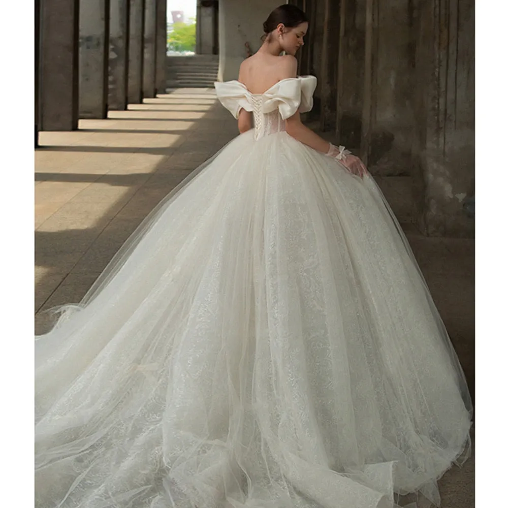 Off The Shoulder Sweetheart Neck Shiny Beading Pearls Bow Tulle Lace Bow Ball Gown