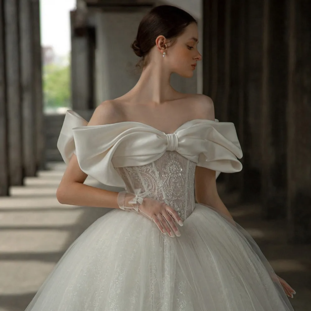 Off The Shoulder Sweetheart Neck Shiny Beading Pearls Bow Tulle Lace Bow Ball Gown