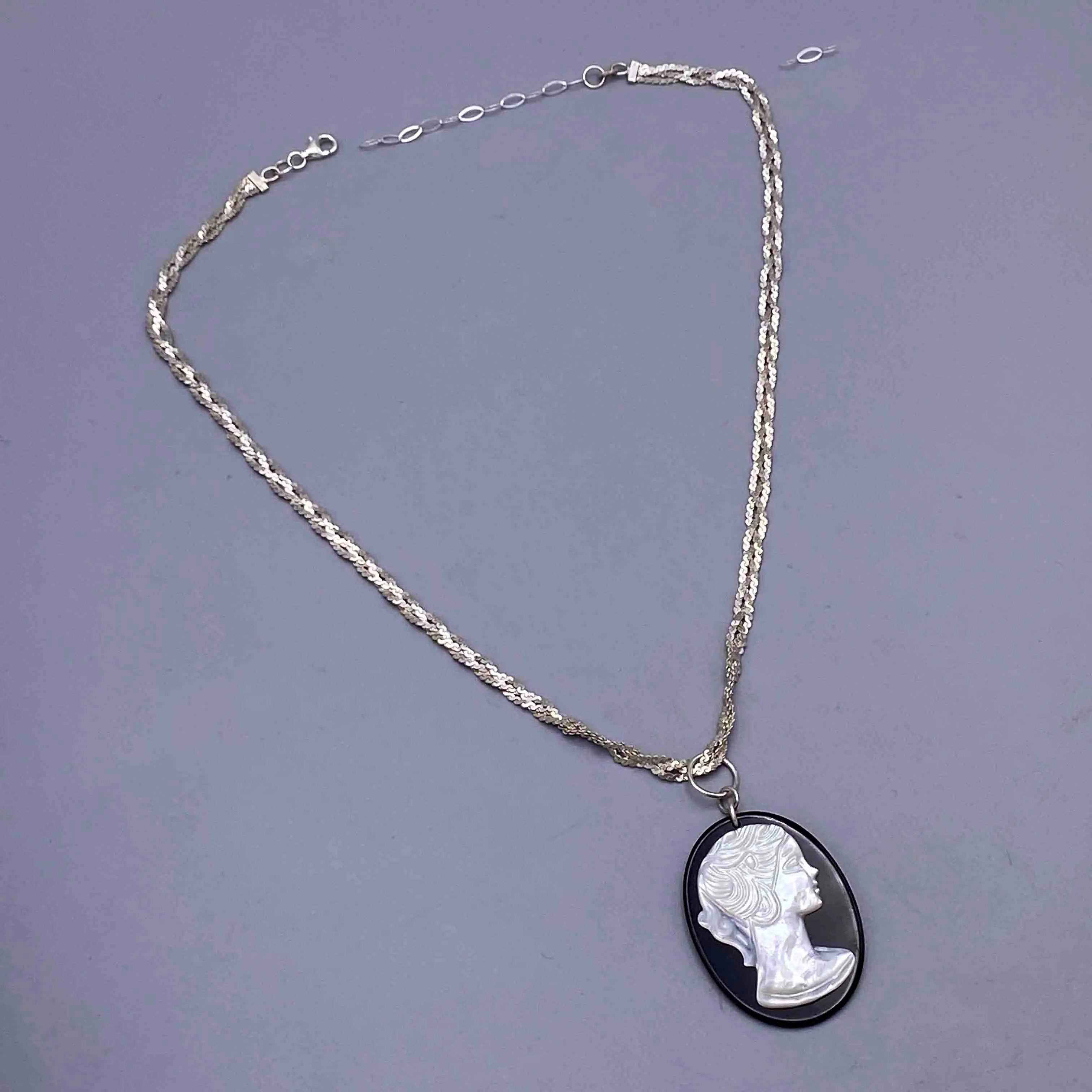 Onyx and Mother of Pearl Cameo on Repurposed Vintage Silver Chain