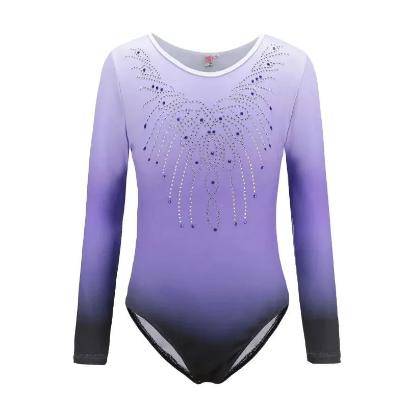 Patterned Gradient Ballet Leotard for Kids - Long-Sleeved Diamond Gymnastics Dancewear