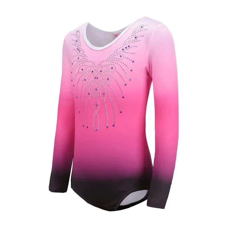 Patterned Gradient Ballet Leotard for Kids - Long-Sleeved Diamond Gymnastics Dancewear