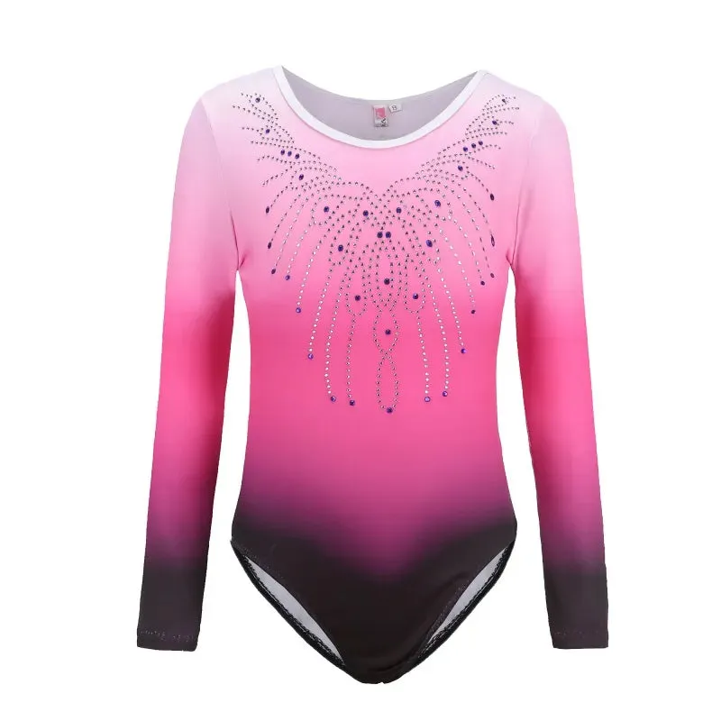 Patterned Gradient Ballet Leotard for Kids - Long-Sleeved Diamond Gymnastics Dancewear