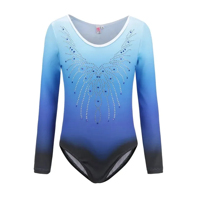 Patterned Gradient Ballet Leotard for Kids - Long-Sleeved Diamond Gymnastics Dancewear