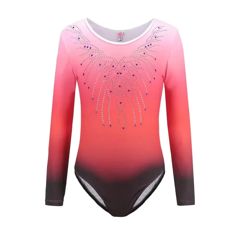 Patterned Gradient Ballet Leotard for Kids - Long-Sleeved Diamond Gymnastics Dancewear