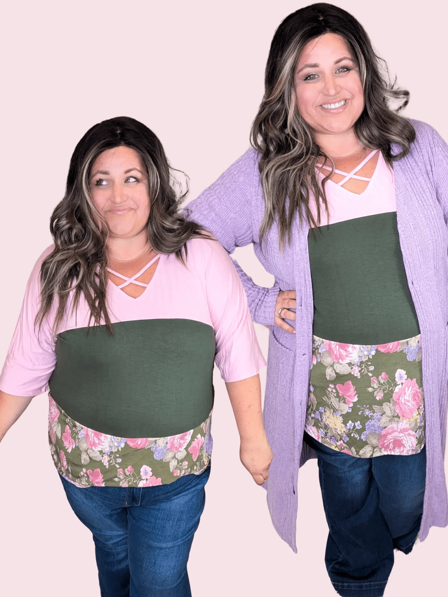 Pauleen Strappy Tiered 3/4 Sleeve in Pink   Olive Floral Colorblock