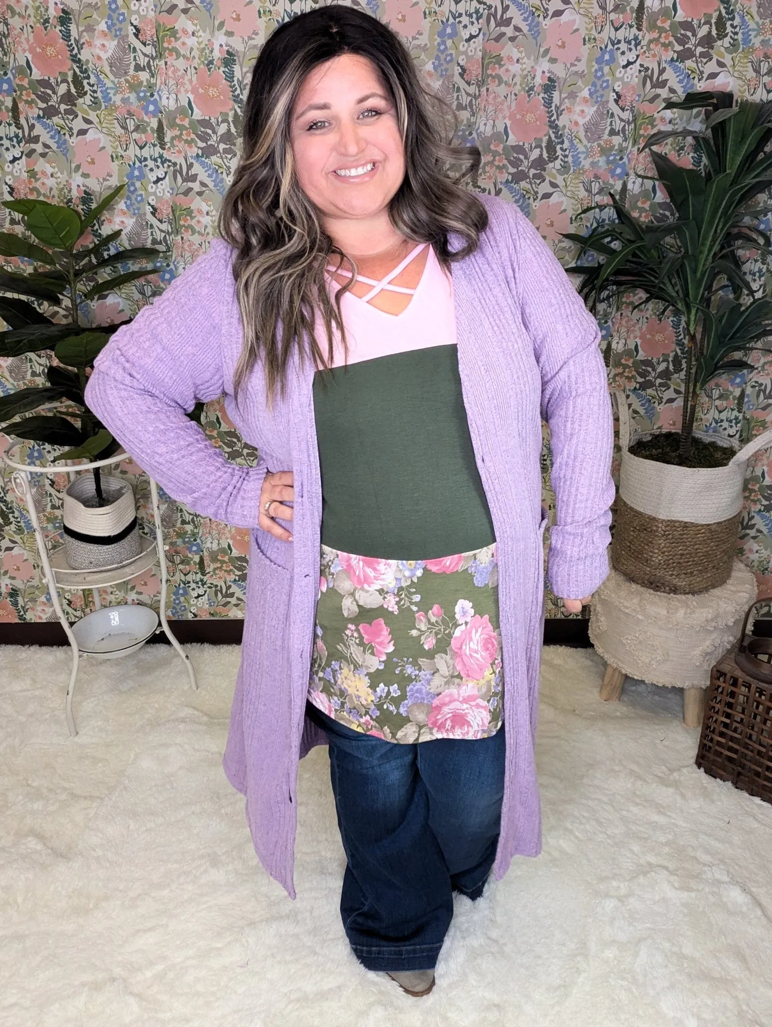 Pauleen Strappy Tiered 3/4 Sleeve in Pink   Olive Floral Colorblock