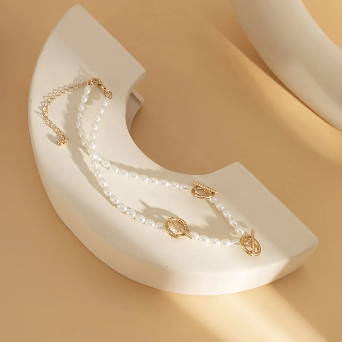 Pearl & 18K Gold-Plated Circle Bar Station Necklace