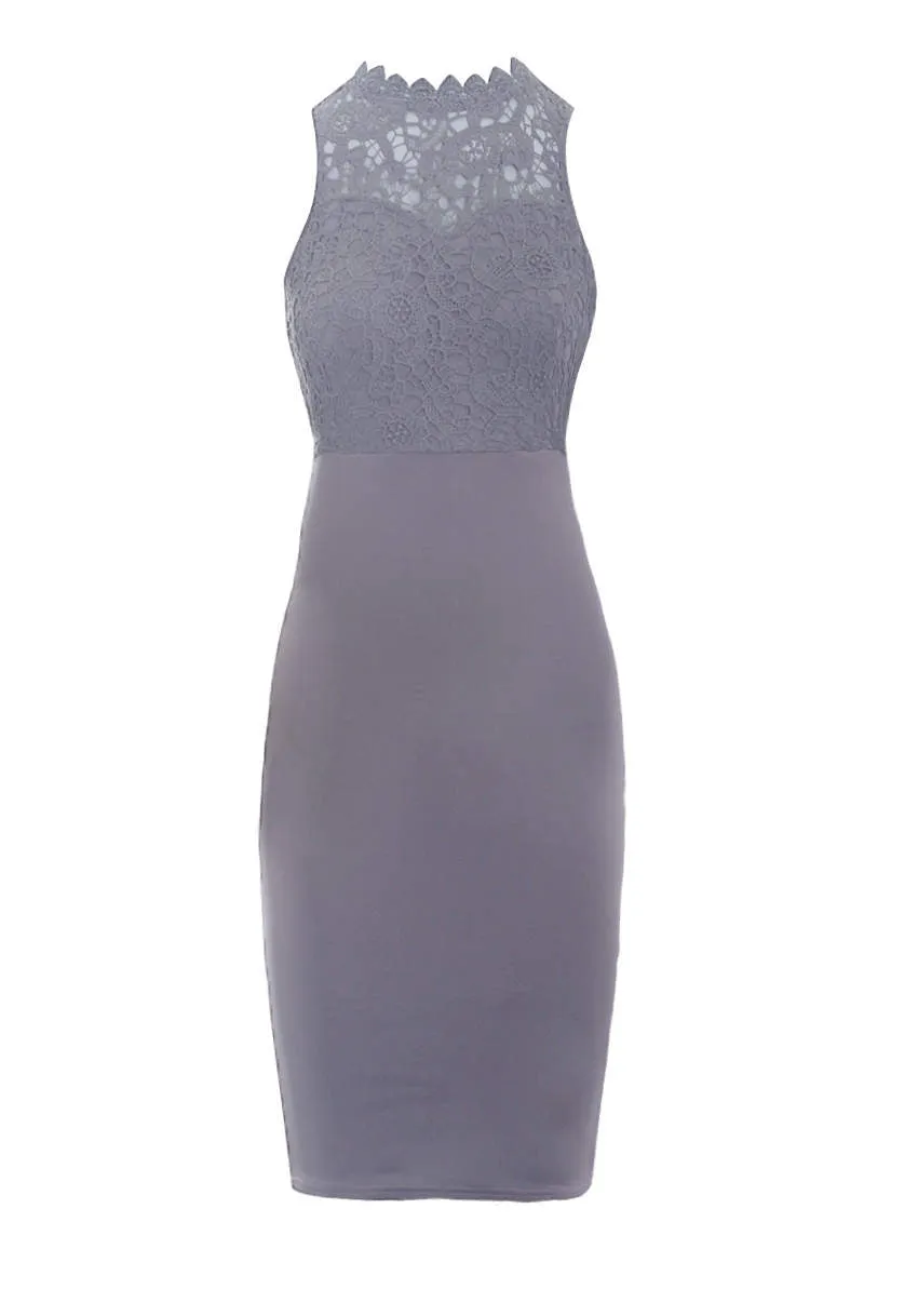 Pewter High Neck Crochet Bodycon Dress