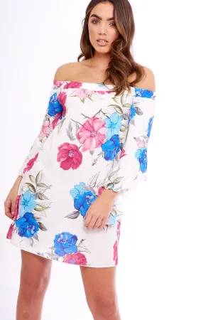 Pink And White Floral Bell Sleeved Bardot Dress - Cheynie