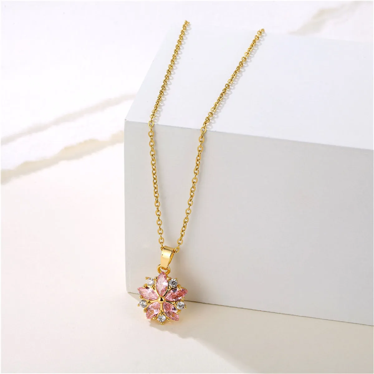 Pink Crystal & Cubic Zirconia Flower Pendant Necklace