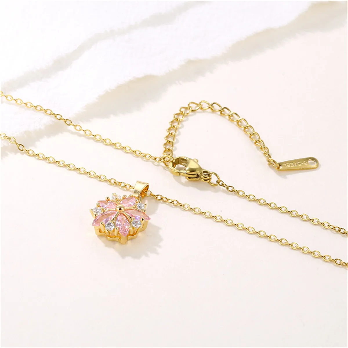 Pink Crystal & Cubic Zirconia Flower Pendant Necklace