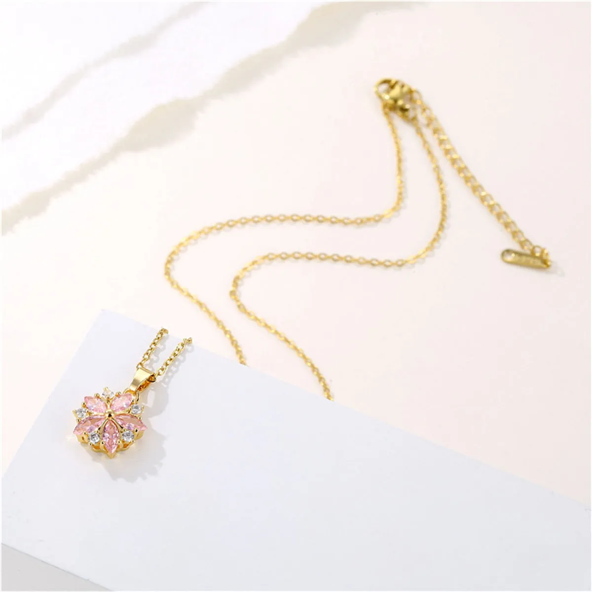 Pink Crystal & Cubic Zirconia Flower Pendant Necklace