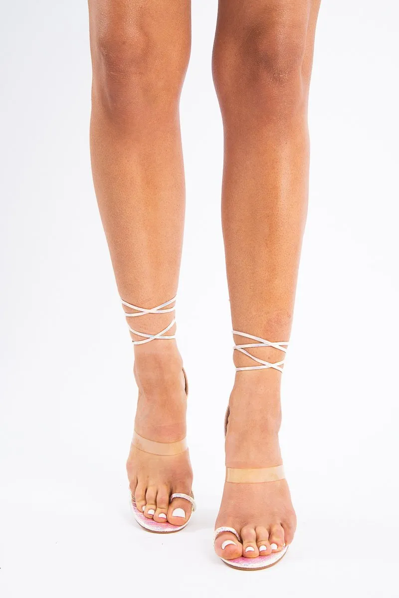 Pink Iridescent Patent Snake Strappy Heels - Dasie