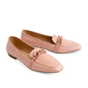 Plain × Croco Leather Women Pointy Moc Toe Flats With Low Heel - Pink