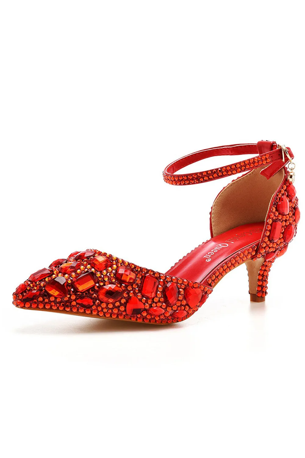 Pointed Toe Crystal Diamond  Ankle Strap Kitten Heels