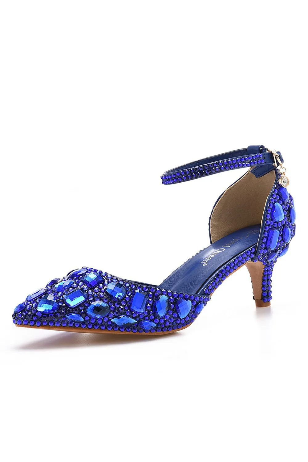 Pointed Toe Crystal Diamond  Ankle Strap Kitten Heels