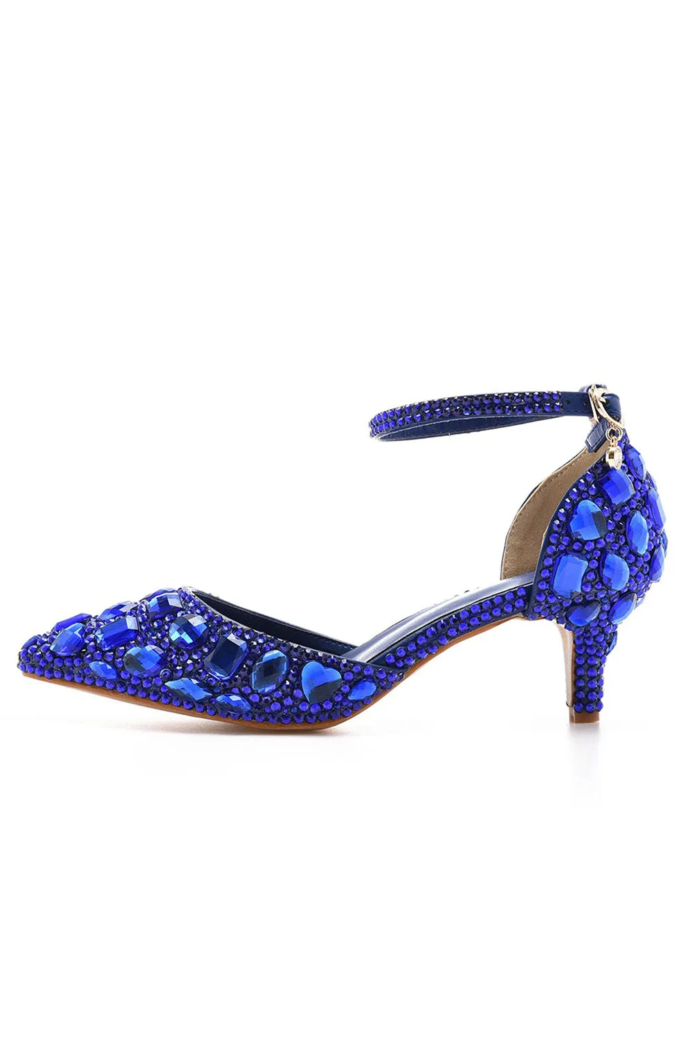 Pointed Toe Crystal Diamond  Ankle Strap Kitten Heels