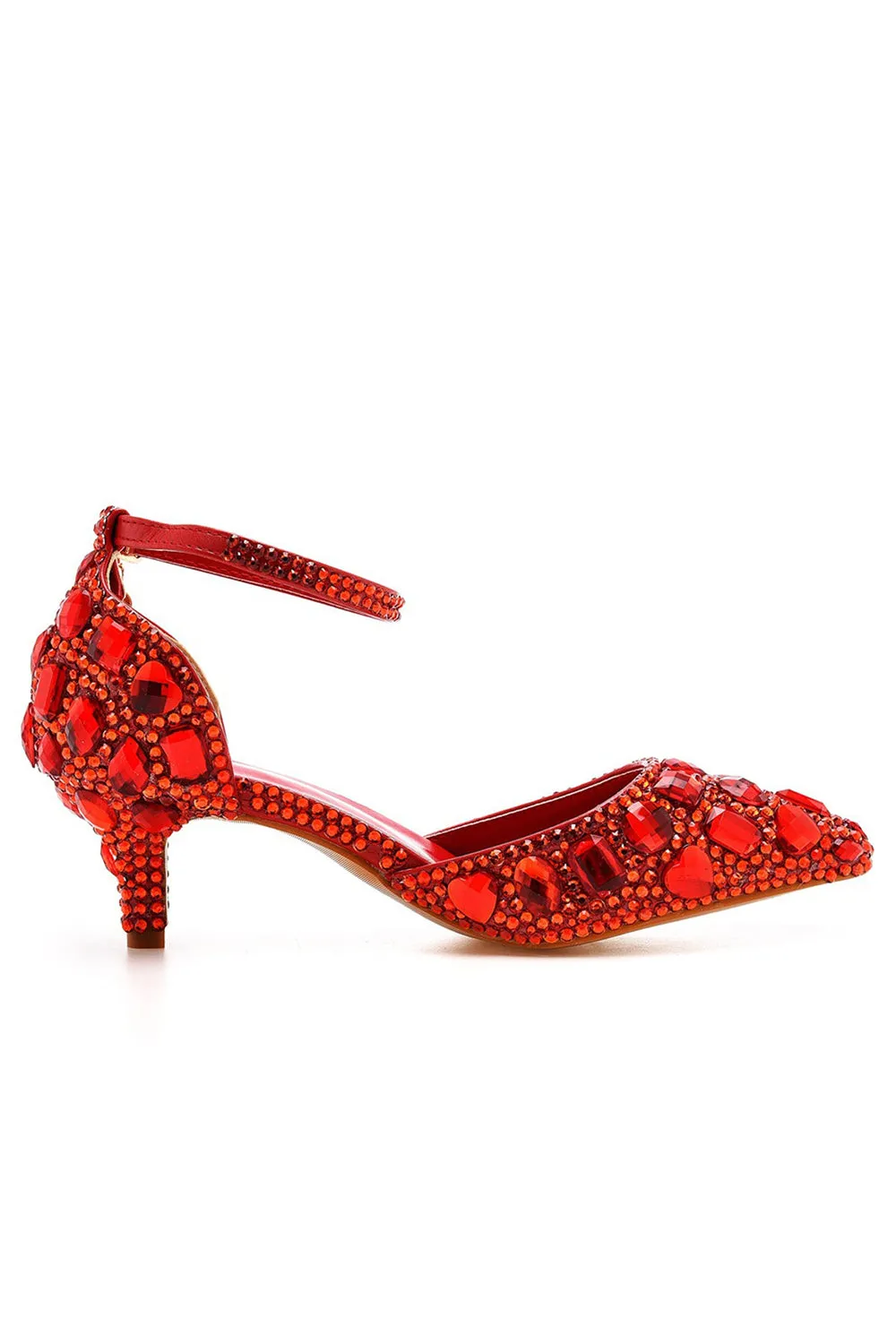 Pointed Toe Crystal Diamond  Ankle Strap Kitten Heels