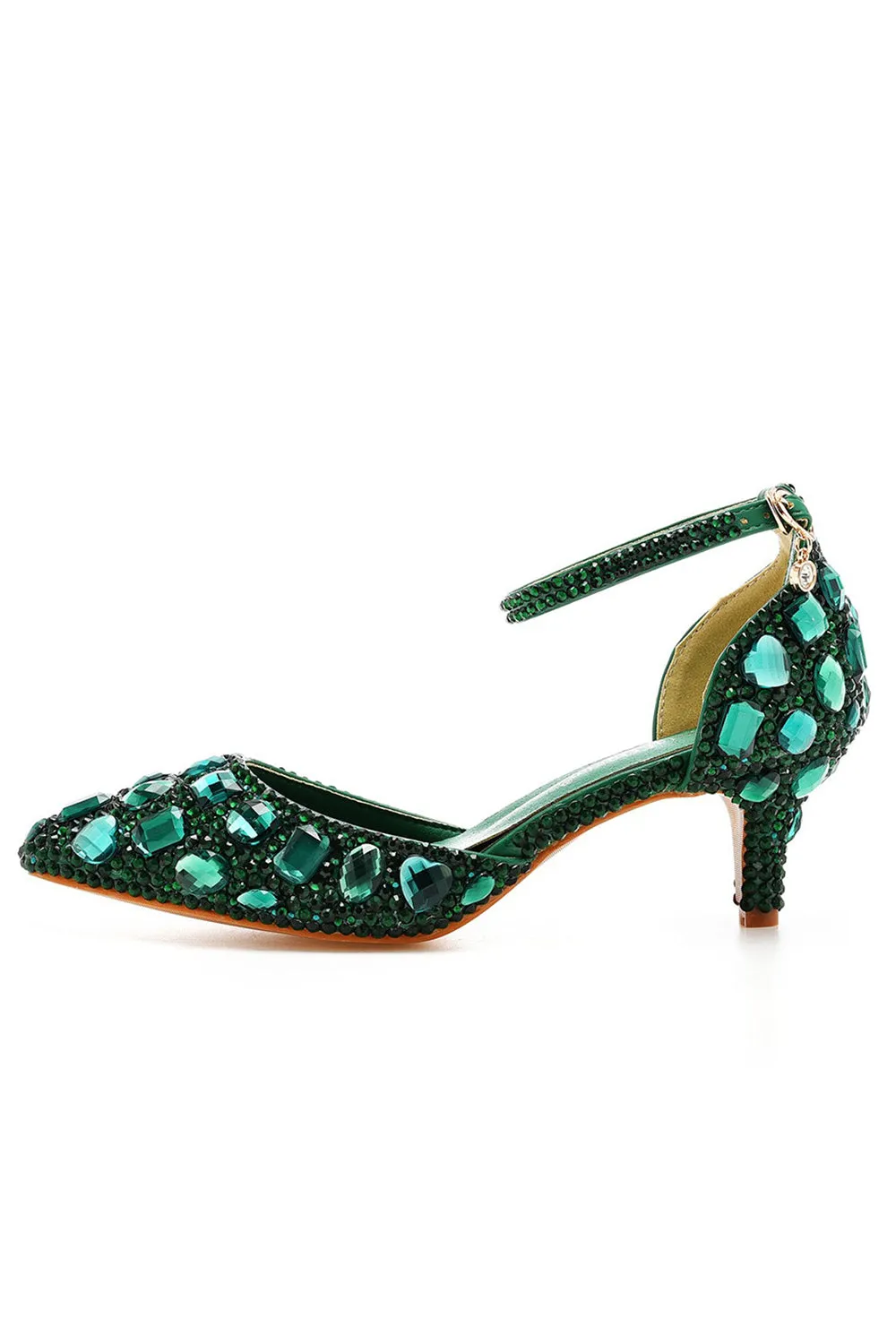 Pointed Toe Crystal Diamond  Ankle Strap Kitten Heels