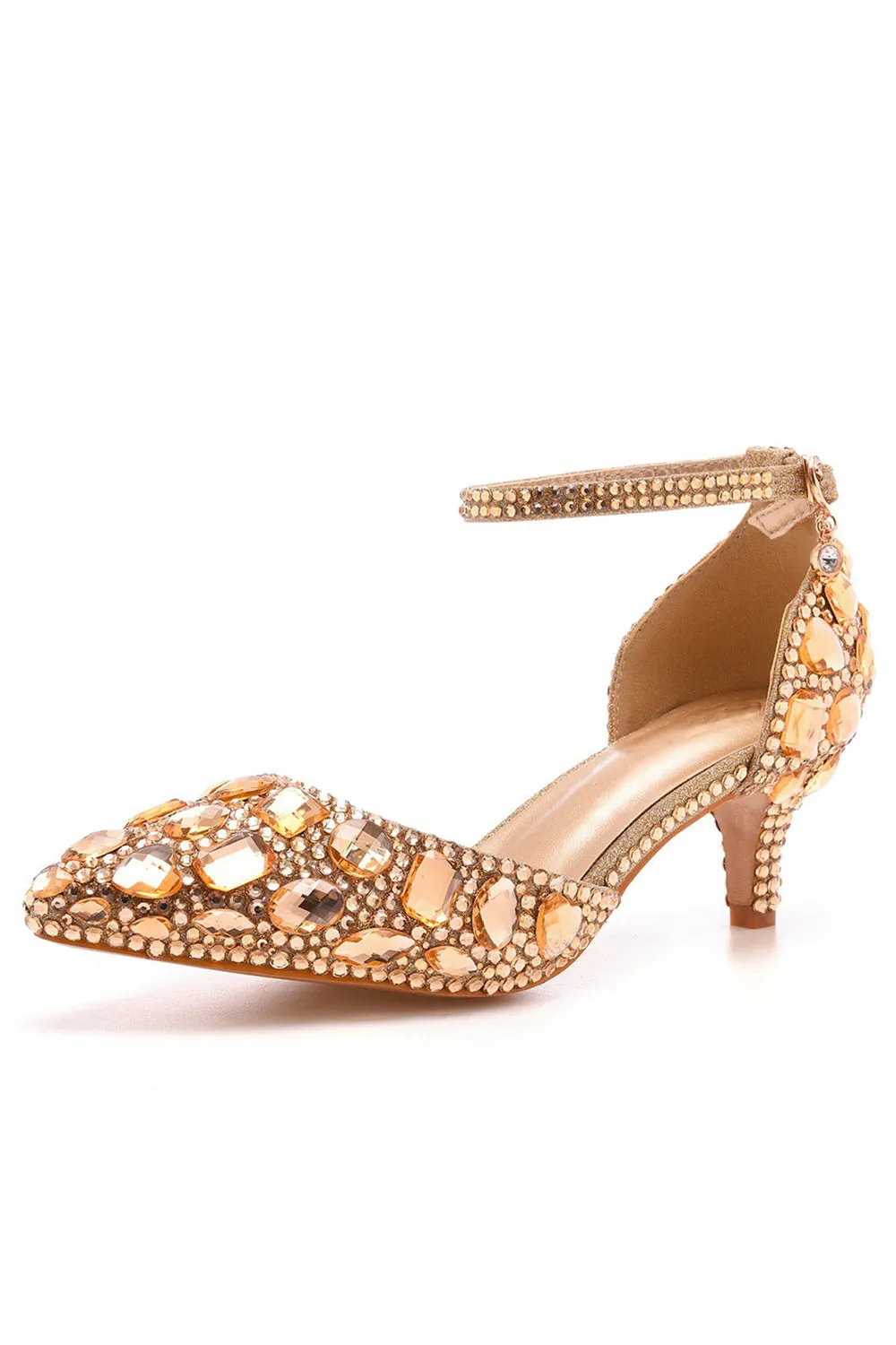 Pointed Toe Crystal Diamond  Ankle Strap Kitten Heels