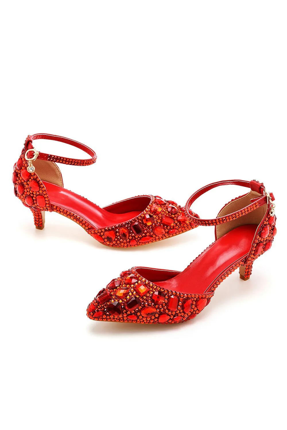 Pointed Toe Crystal Diamond  Ankle Strap Kitten Heels