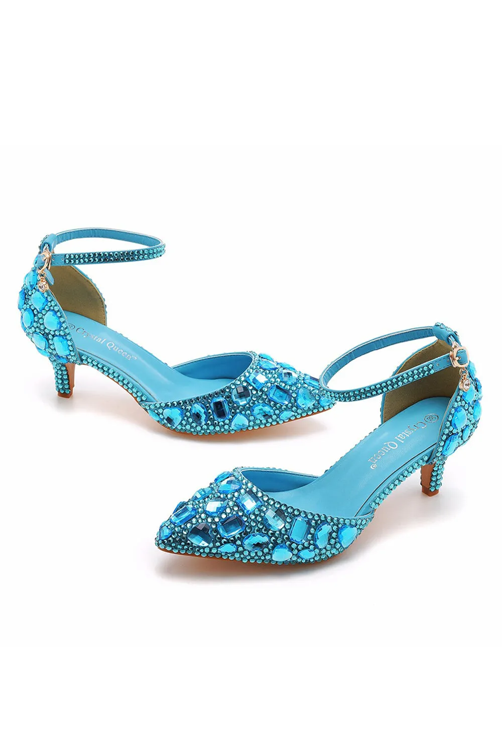 Pointed Toe Crystal Diamond  Ankle Strap Kitten Heels