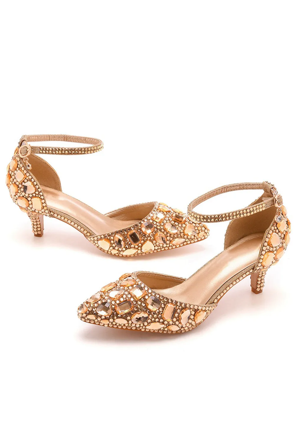Pointed Toe Crystal Diamond  Ankle Strap Kitten Heels