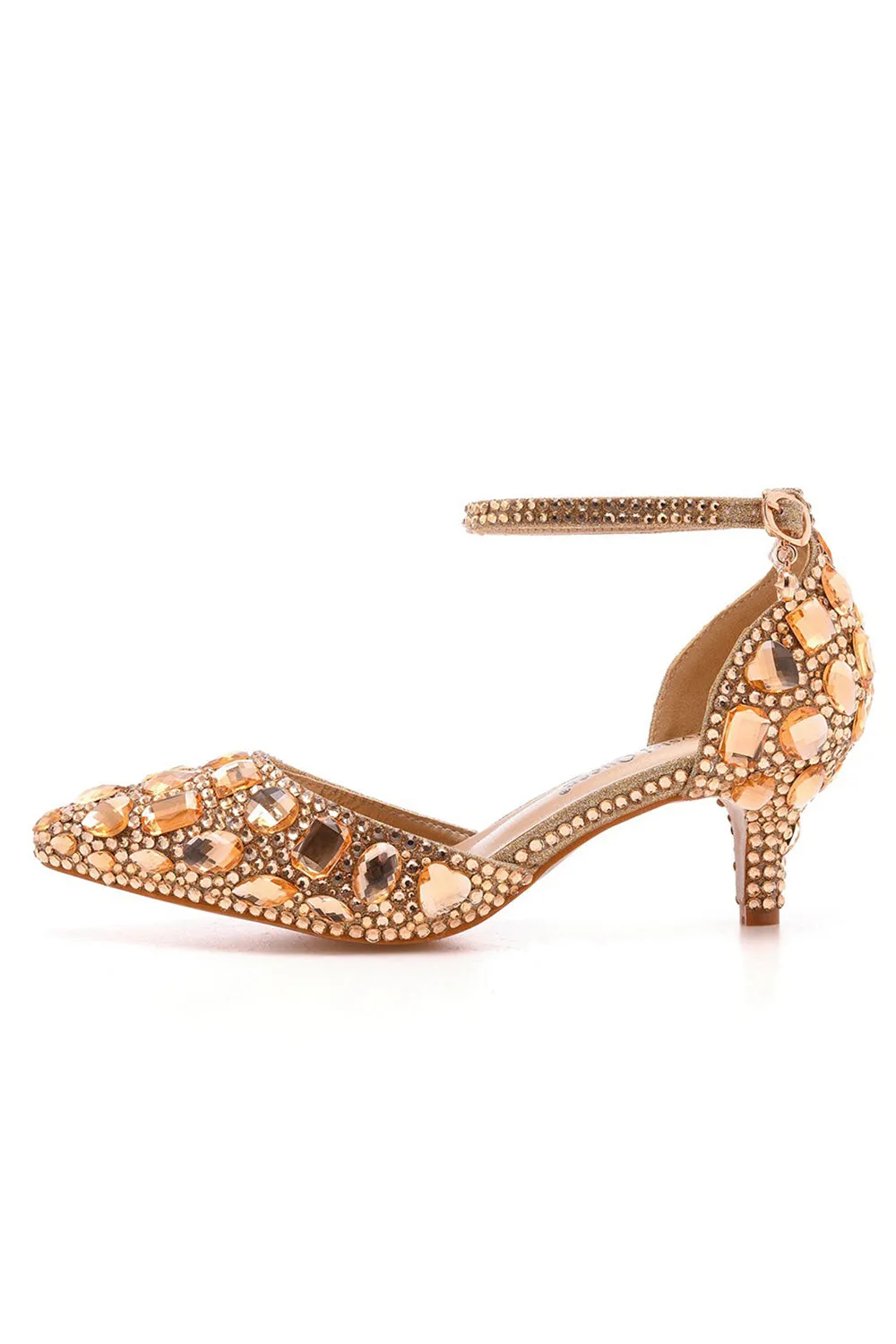 Pointed Toe Crystal Diamond  Ankle Strap Kitten Heels