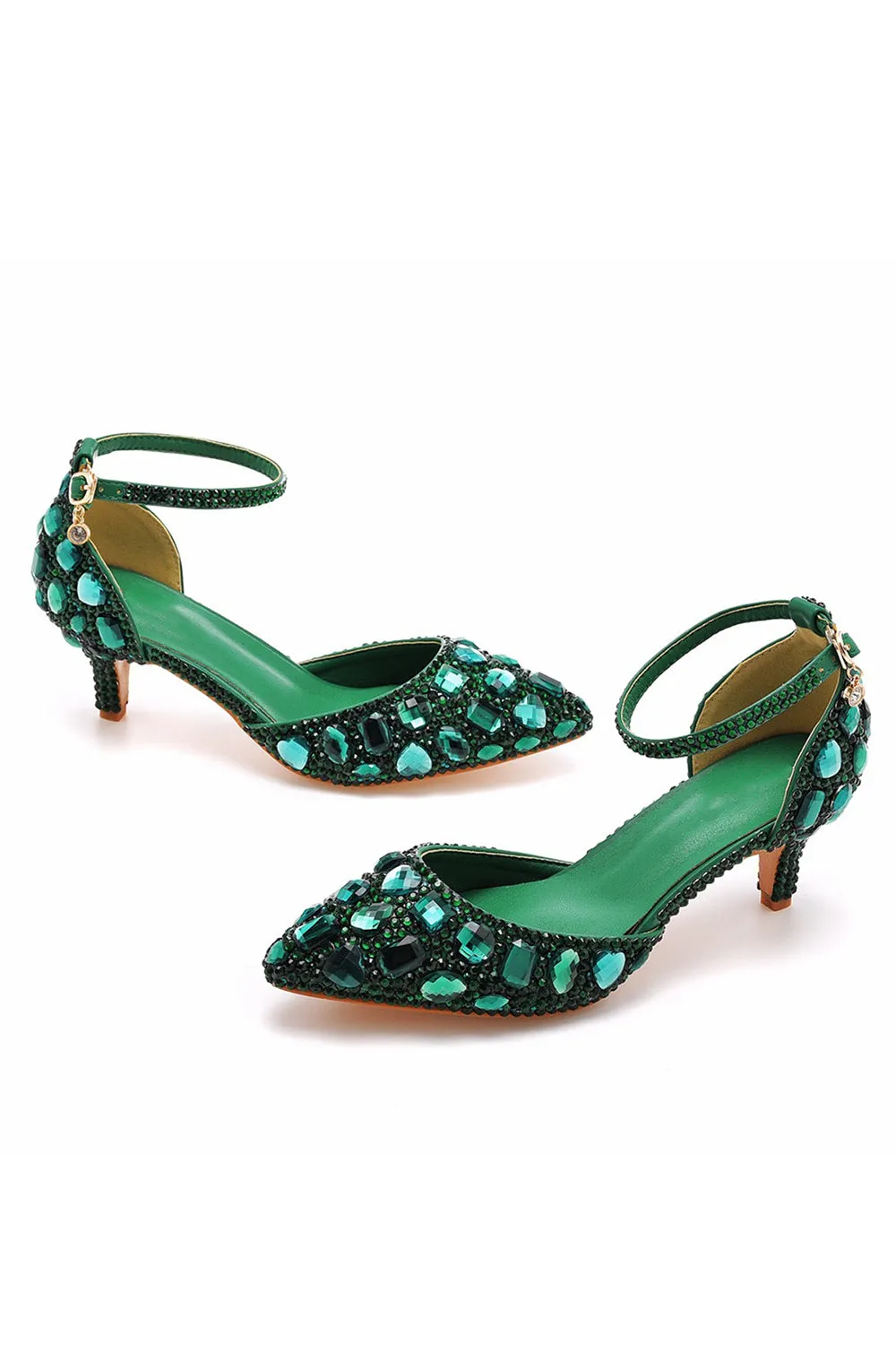 Pointed Toe Crystal Diamond  Ankle Strap Kitten Heels