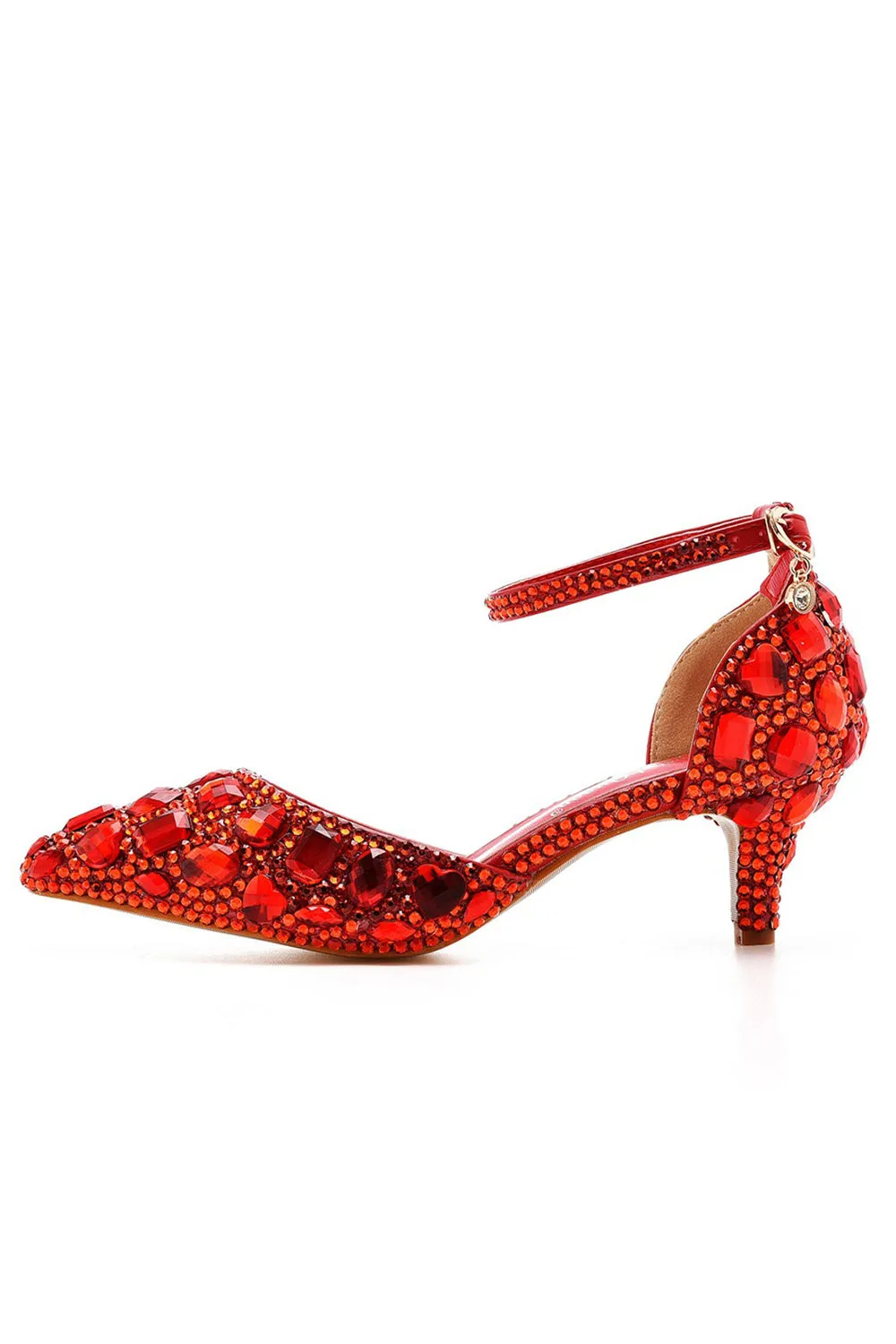 Pointed Toe Crystal Diamond  Ankle Strap Kitten Heels