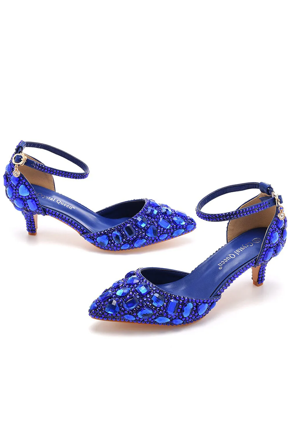 Pointed Toe Crystal Diamond  Ankle Strap Kitten Heels