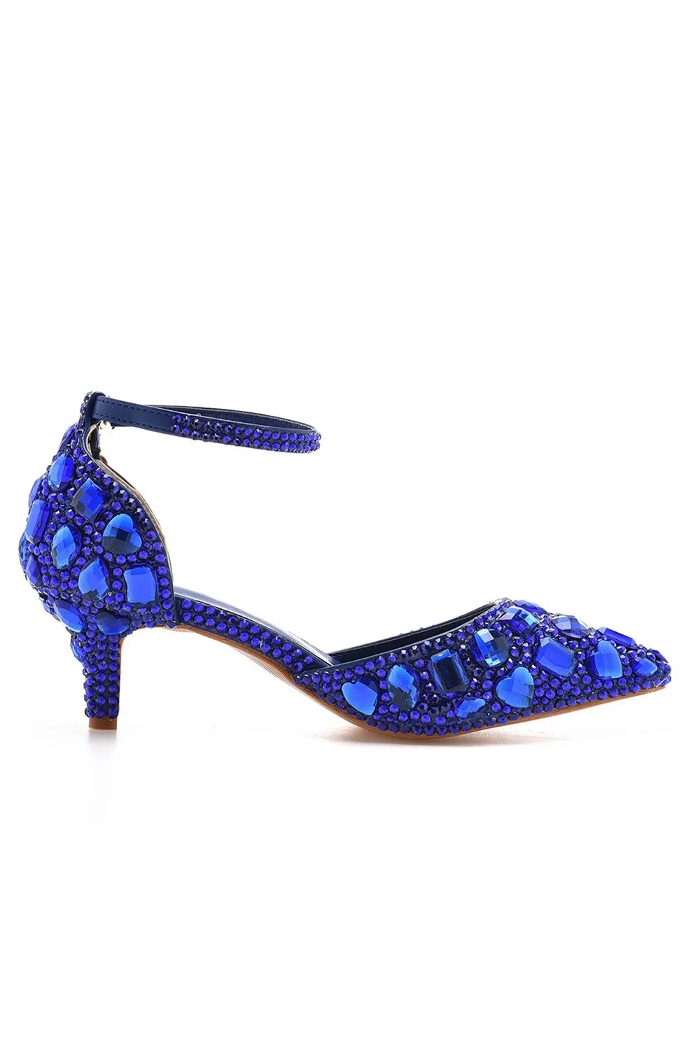 Pointed Toe Crystal Diamond  Ankle Strap Kitten Heels