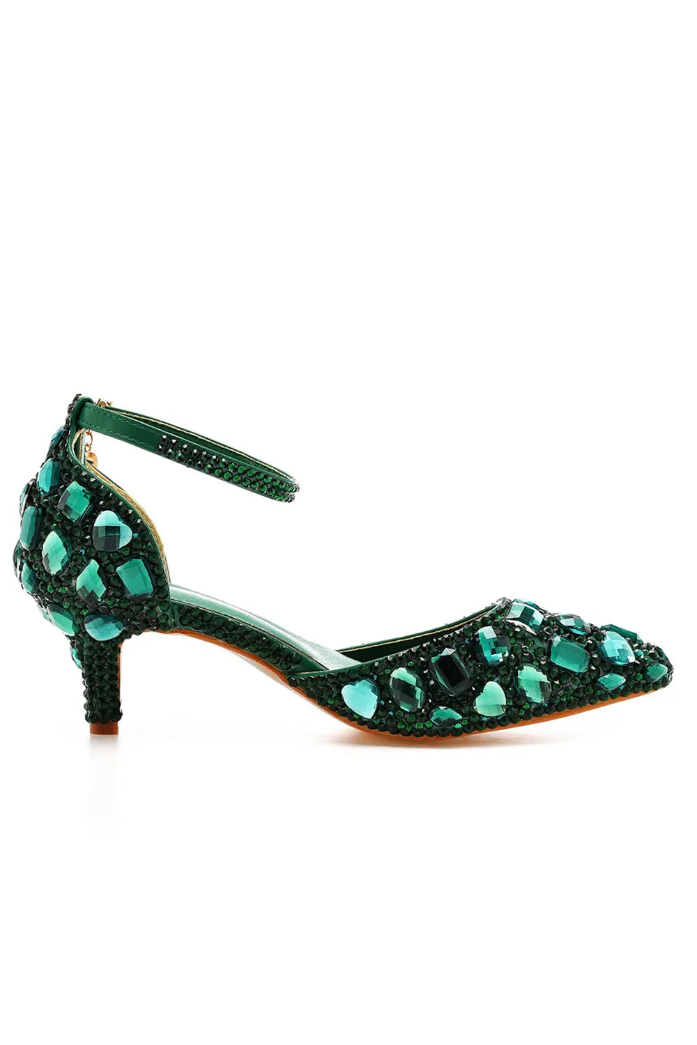 Pointed Toe Crystal Diamond  Ankle Strap Kitten Heels
