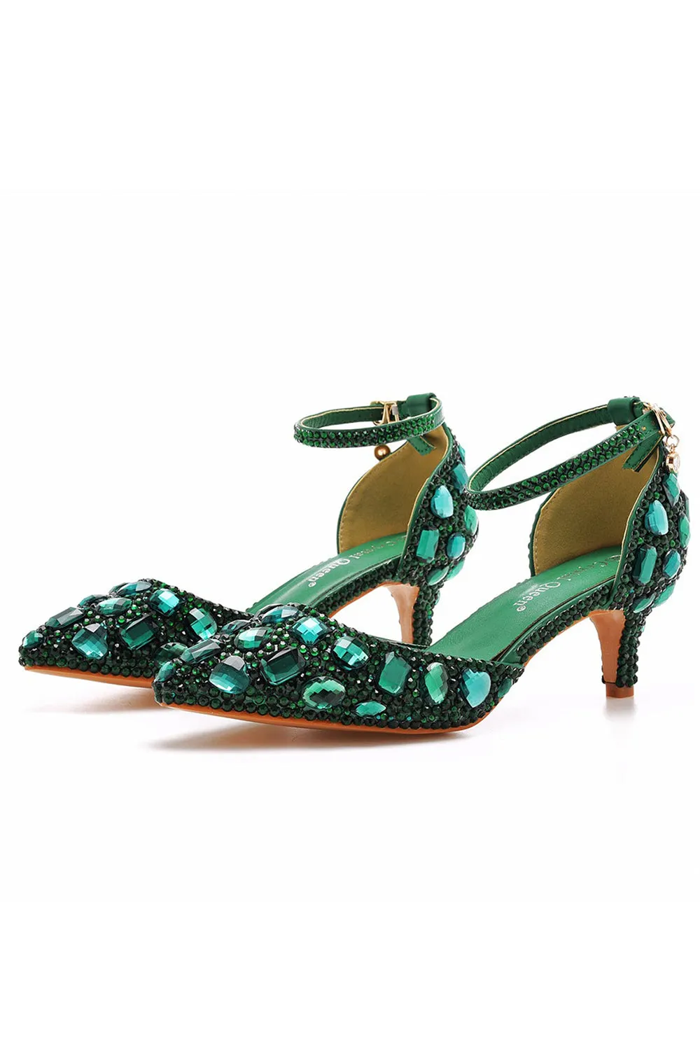 Pointed Toe Crystal Diamond  Ankle Strap Kitten Heels
