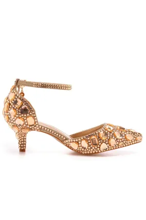 Pointed Toe Crystal Diamond  Ankle Strap Kitten Heels