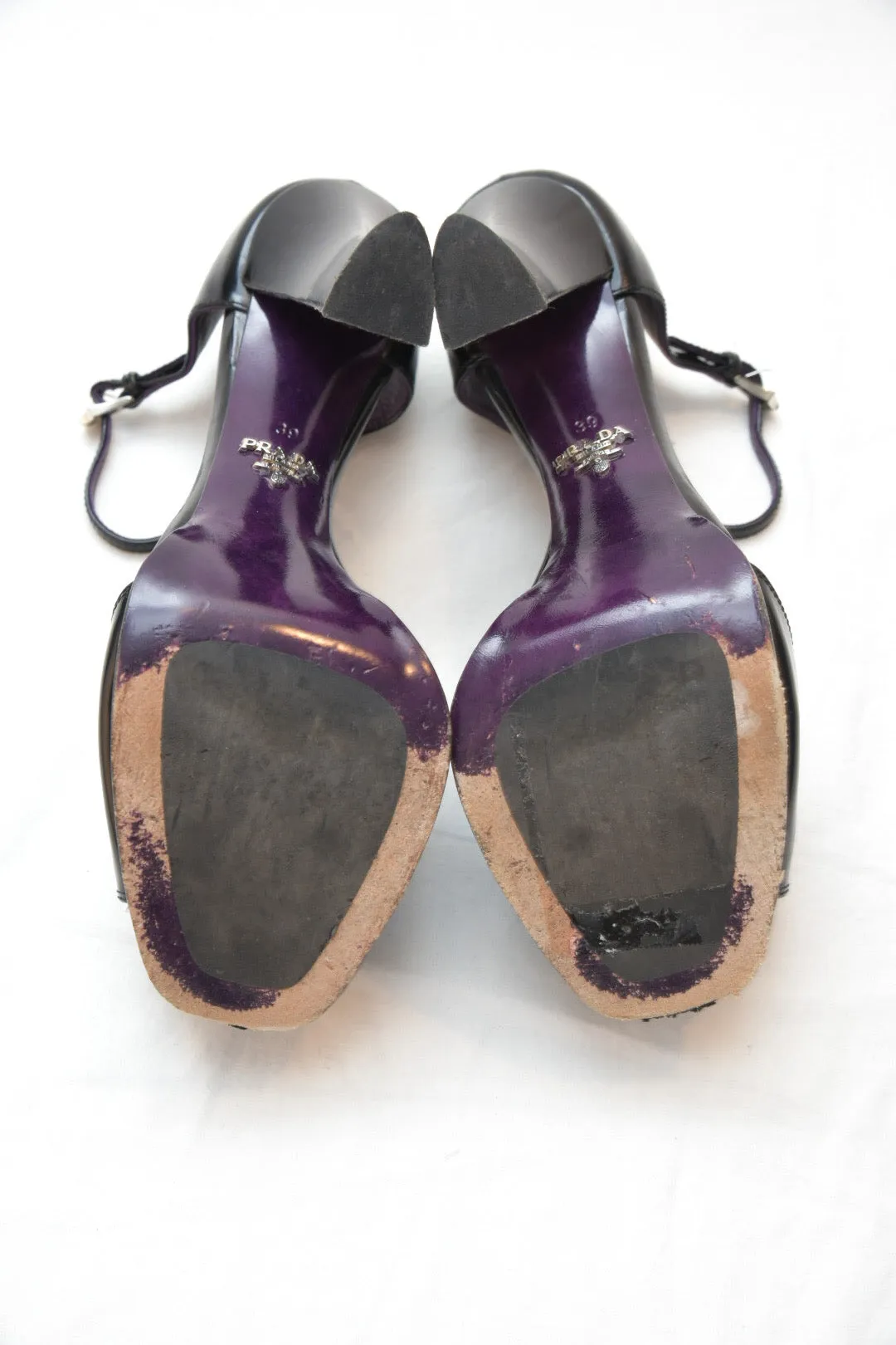 Prada Black Leather Square Toe Heel Sandal