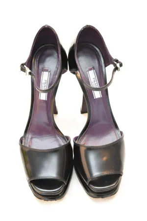 Prada Black Leather Square Toe Heel Sandal